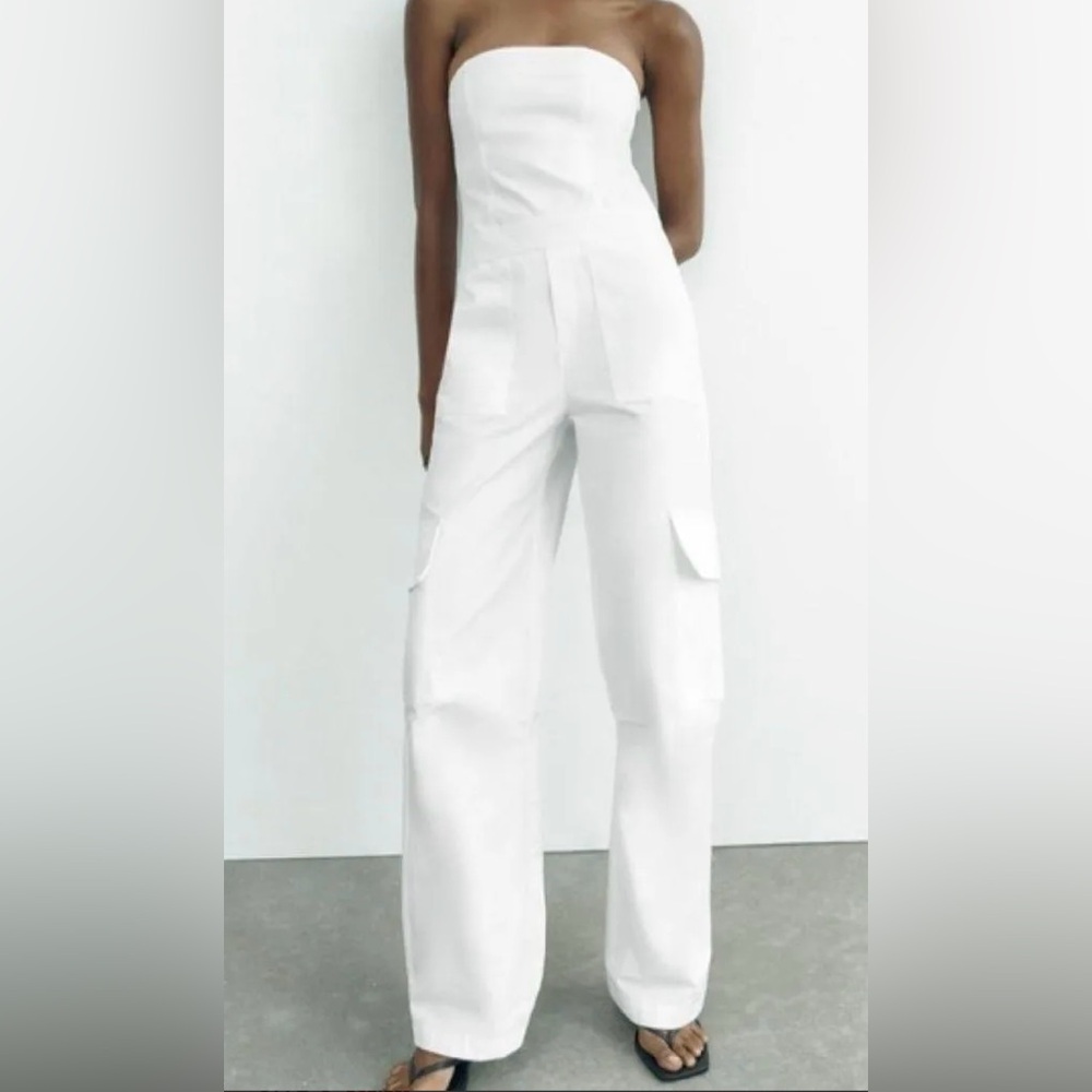 ZARA WHITE CARGO JUMPSUIT, RAW HEM